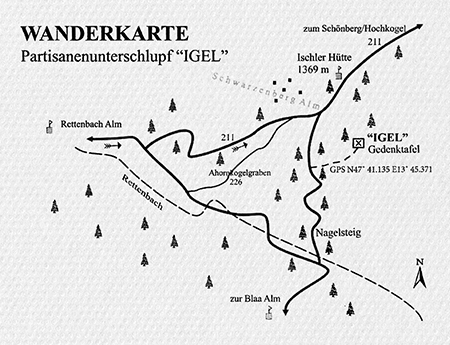 Skizze mit Wegbeschreibung zum „Igel“ (Christian Topf, Auf den Spuren der Partisanen)